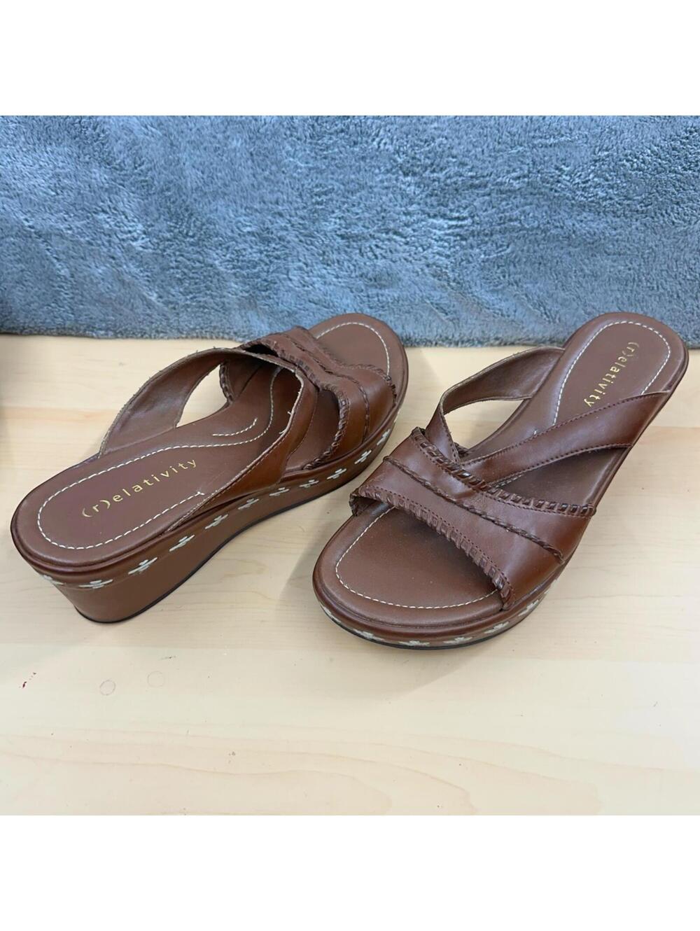 Relativity Brown Whipstitch Floral Wedge Platform Sandals